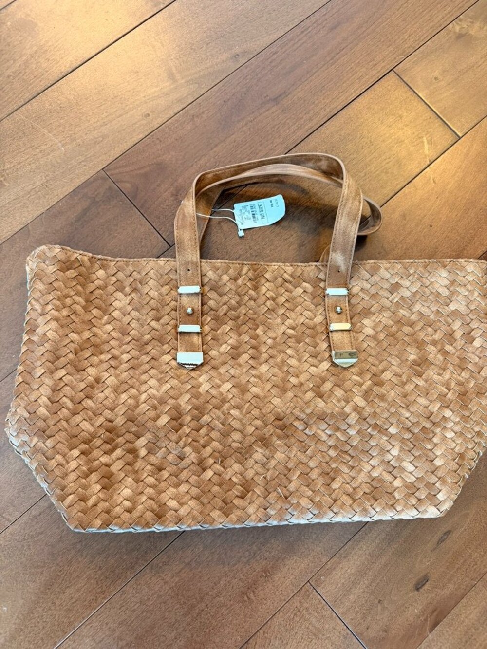 NWT Neiman Marcus Woven Faux Leather Tote Cognac Brown Large Shopper Bag